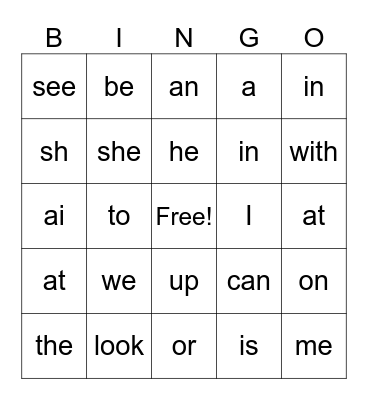 sight words Bingo Card