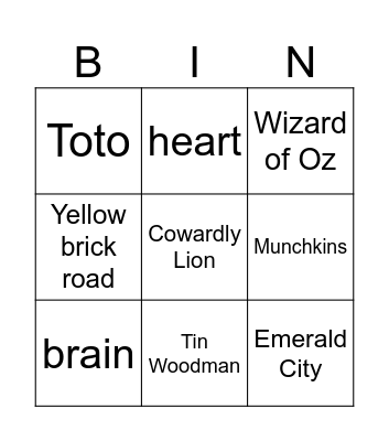 Wizard of Oz Bingo Card