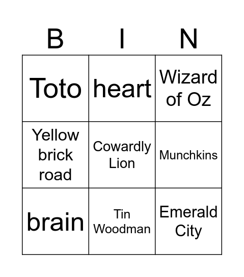 Wizard of Oz Bingo Card