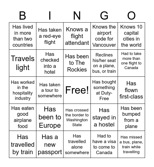 Travel Bingo Card