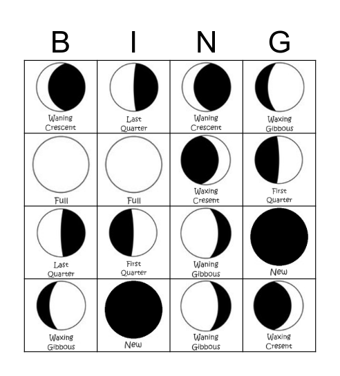 Moon Phases 4 corners ONLY Bingo Card