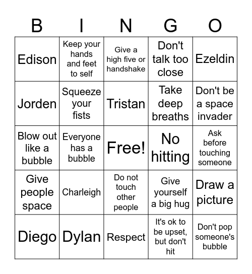 Hands and Feet to Self Bingo Card