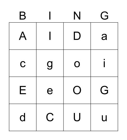 Letters C, G, D, A, E, I, O, U Bingo Card