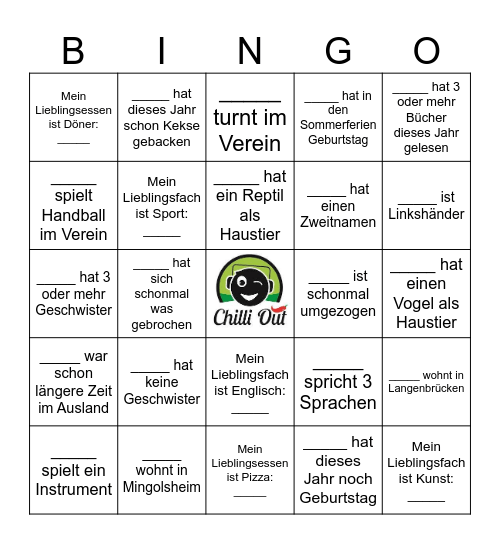 Chilli Out Bingo Card