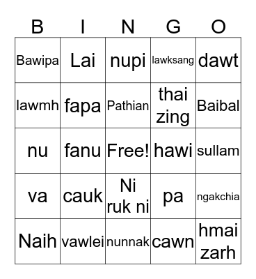 Hakha Chin Vocabulary Bingo Card