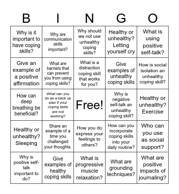 Coping Skills Bingo Card