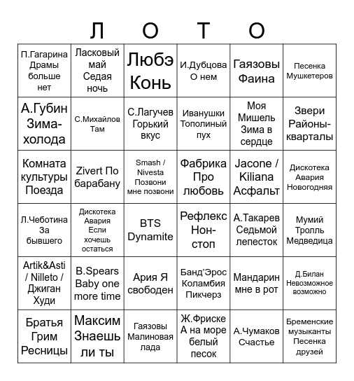 Музыкальное лото Bingo Card