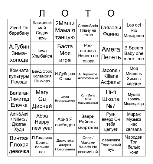 Музыкальное лото Bingo Card