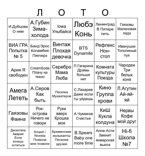 Музыкальное лото Bingo Card