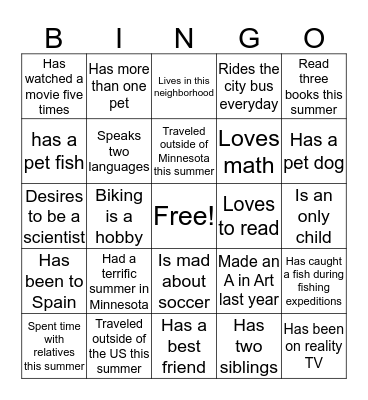 Getting To Know You Bingo Card