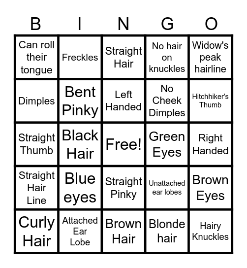 Genetic Traits Bingo Card