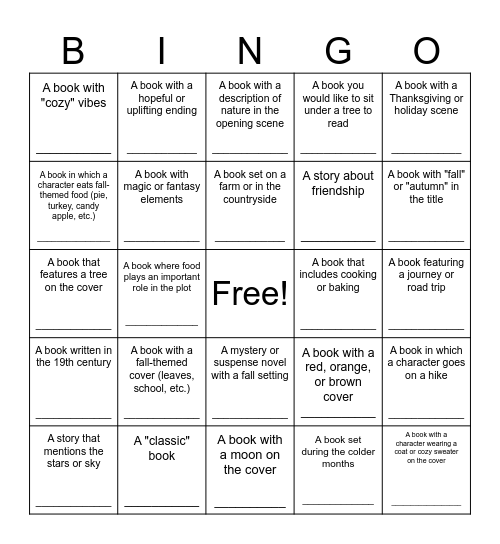 Fall Book Club Bingo Card