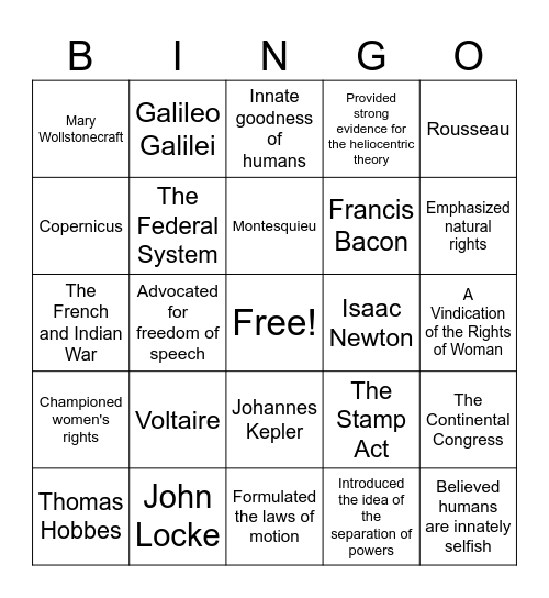 The Enlightenment Bingo Card