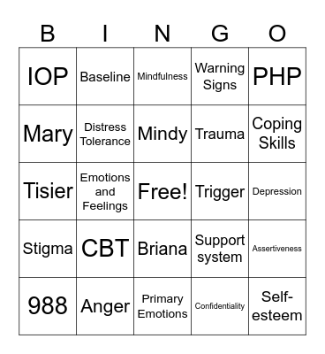 Mental Health Bingo Card