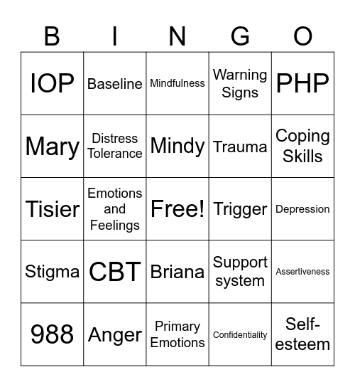 Mental Health Bingo Card