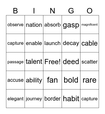 Vocabulary - List 1 Bingo Card