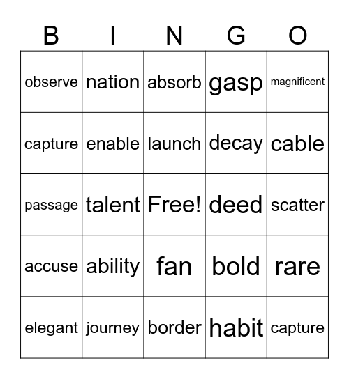 Vocabulary - List 1 Bingo Card