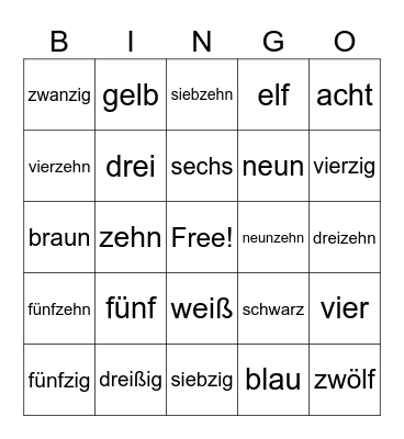 German - Numbers and Colors Bingo Card