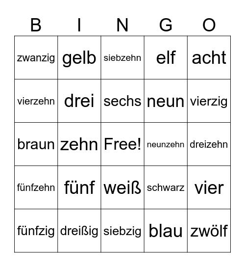 German - Numbers and Colors Bingo Card