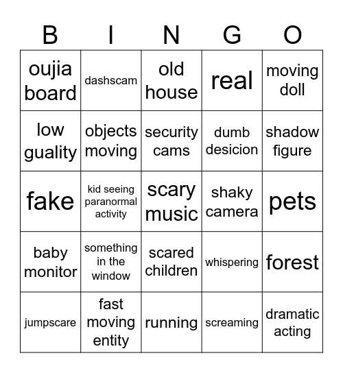 Scary Vids Bingo Card