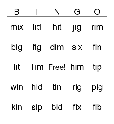 Short I CVC Words Bingo Card