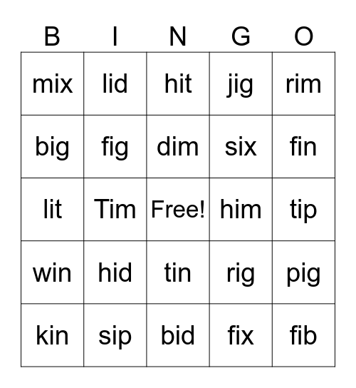 Short I CVC Words Bingo Card