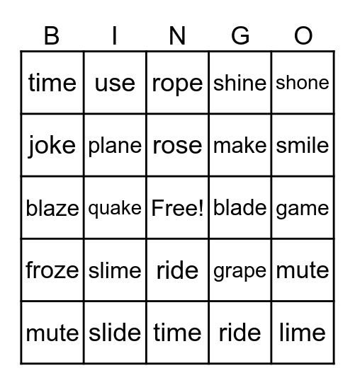 Magic E Bingo Card