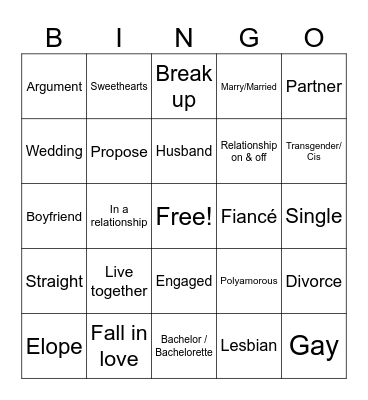 Relationship status Bingo Card