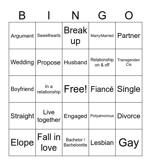 Relationship status Bingo Card