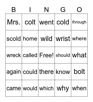 Sight Words Bingo Card