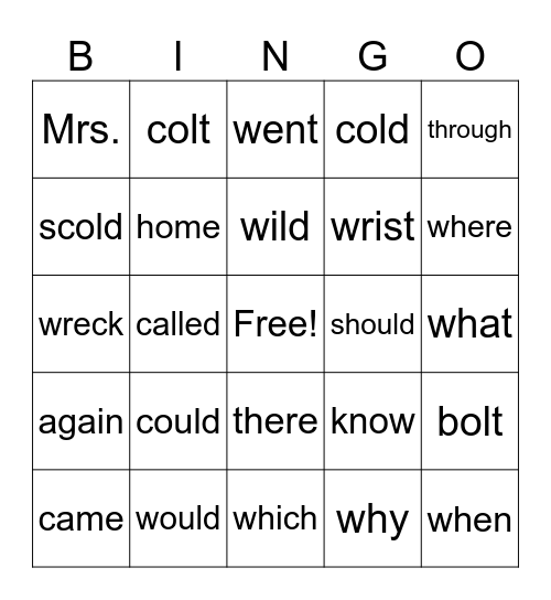 Sight Words Bingo Card