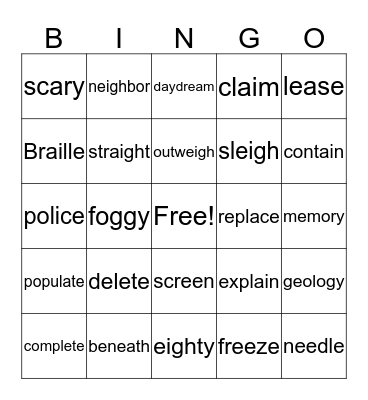 Spelling Unit 1 Words Bingo Card