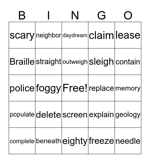 Spelling Unit 1 Words Bingo Card