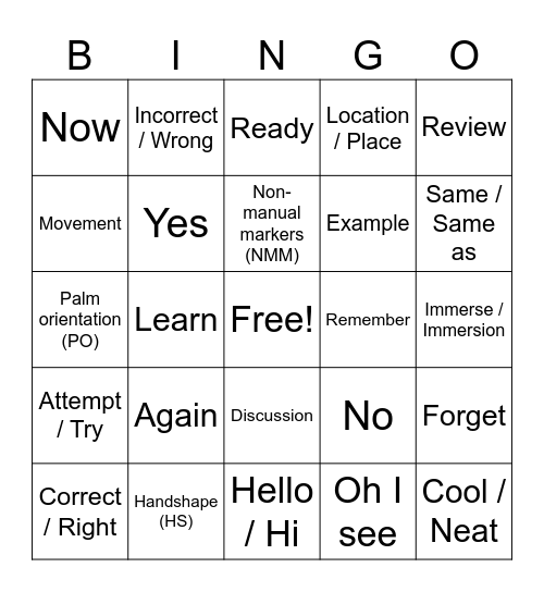 Introduction to ASL Bingo Card