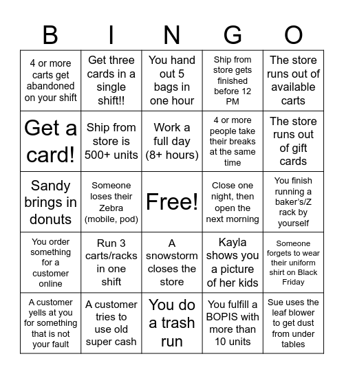 Old Navy Holiday Bingo Card