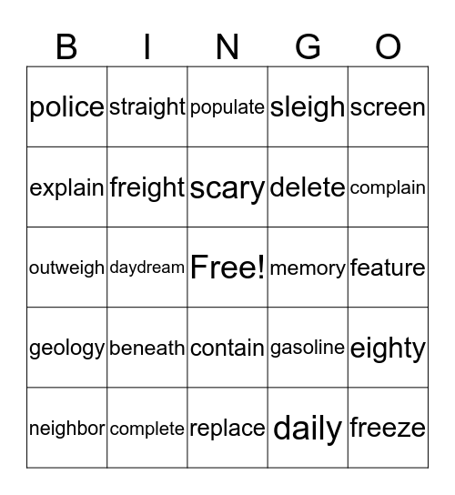 Spelling Unit 1 Words Bingo Card