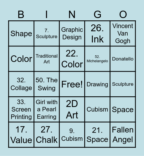 Art Club Bingo Card