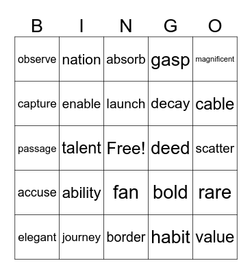 Vocabulary - List 1 Bingo Card