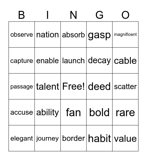 Vocabulary - List 1 Bingo Card