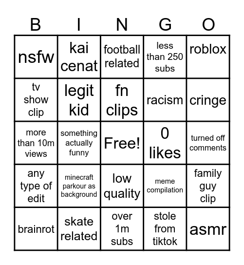 yt shorts bingo Card