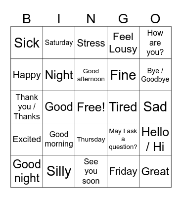 Greetings & Feelings Bingo Card