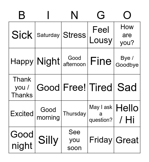 Greetings & Feelings Bingo Card