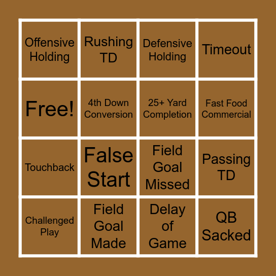 Thanksgiving Day Football BINGO Card