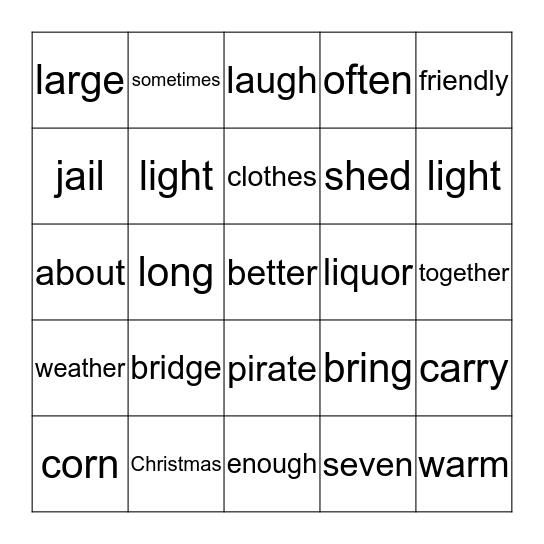 Vocabulary/ Sight Words Bingo  Bingo Card