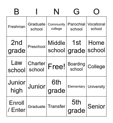 Schools & Grade levels Bingo Card