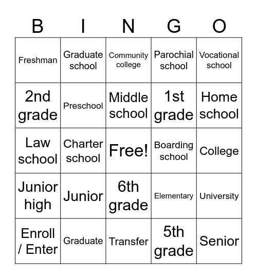 Schools & Grade levels Bingo Card