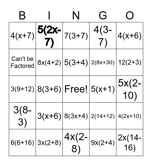 Factoring Bingo Card