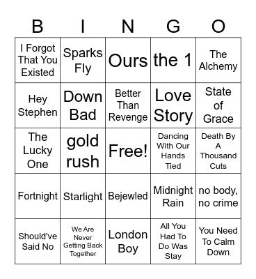 Taylor Swift Music Bingo #3 Bingo Card