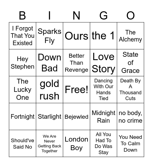 Taylor Swift Music Bingo #3 Bingo Card