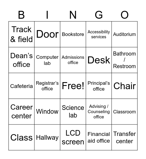 College campus Bingo Card